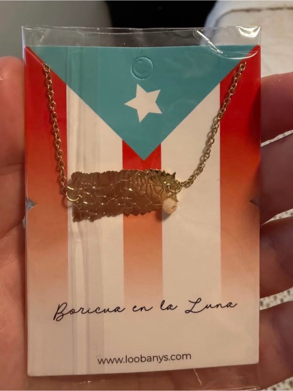 Boricua en la Luna Gold Plate Map Necklace with Pearl Accent